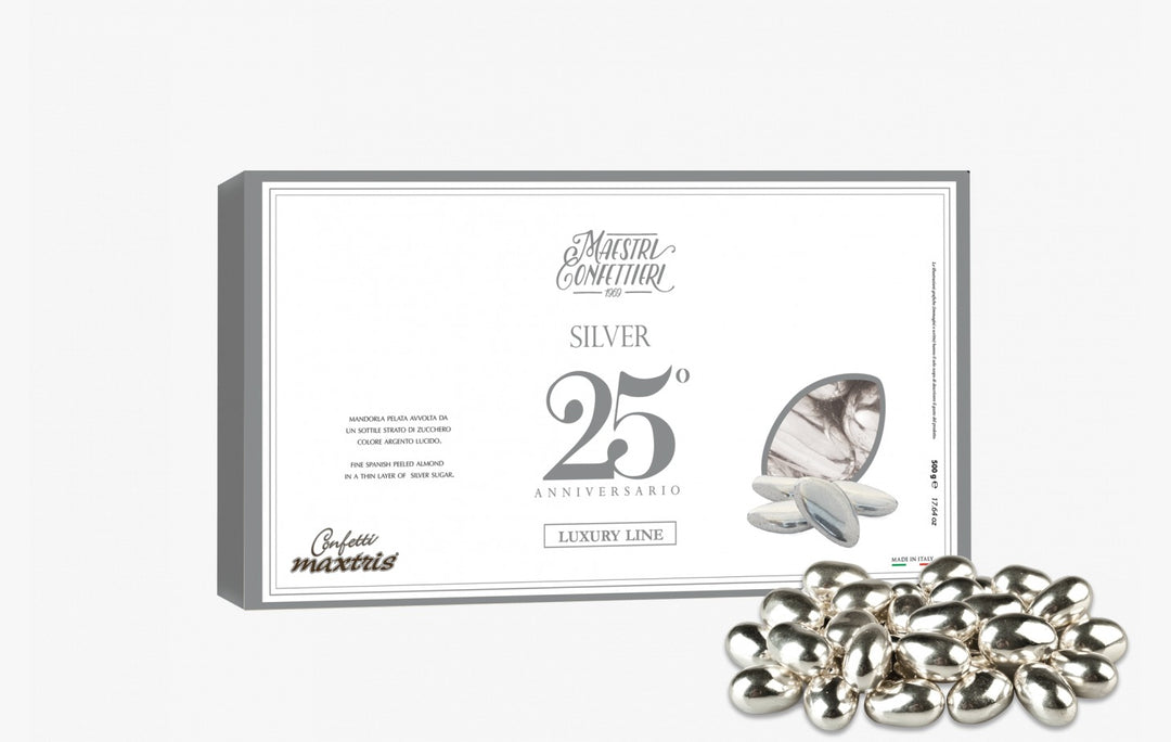 Confetti Maxtris 0.5KG| cioccolato fondente ricoperta da zucchero colore argento.