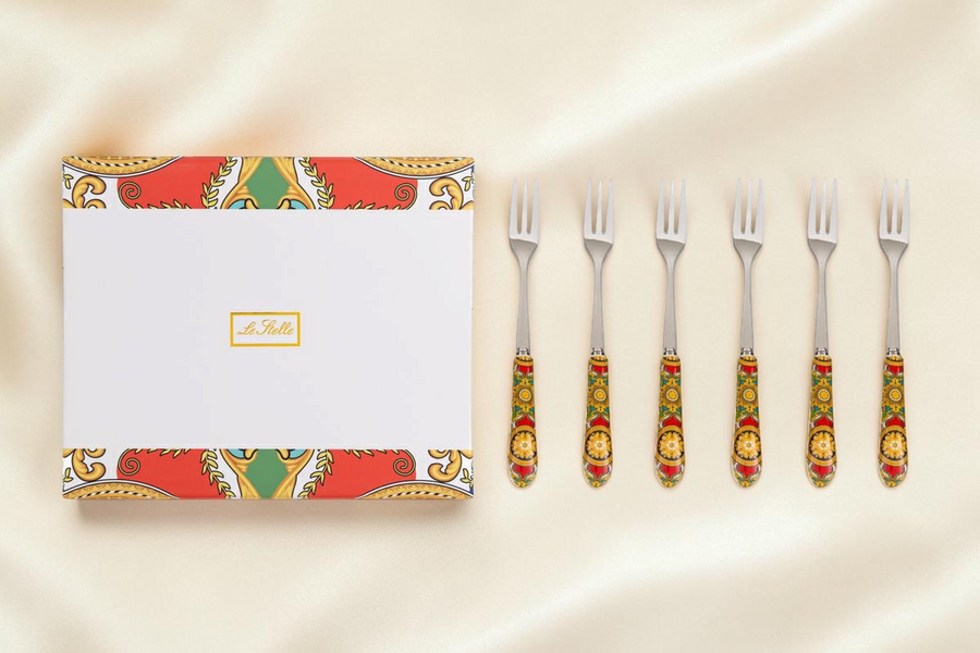 Set di 6 forchettine La Festa Perfetta Royal Carousel da 15 cm con manici decorati e astuccio coordinato