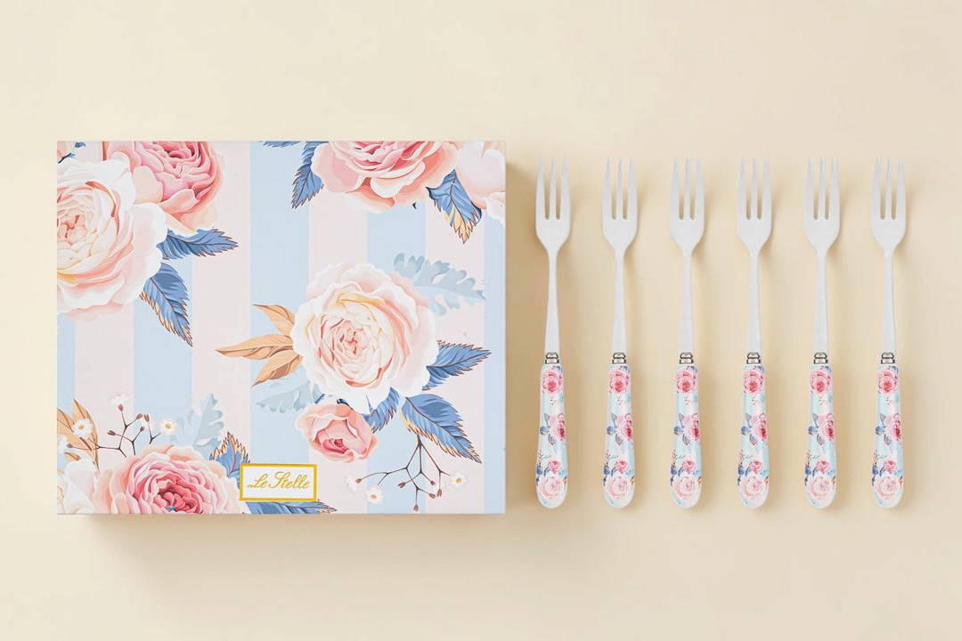 Set di 6 forchettine La Festa Perfetta da 15cm con manici decorati a fiori e astuccio coordinato a righe