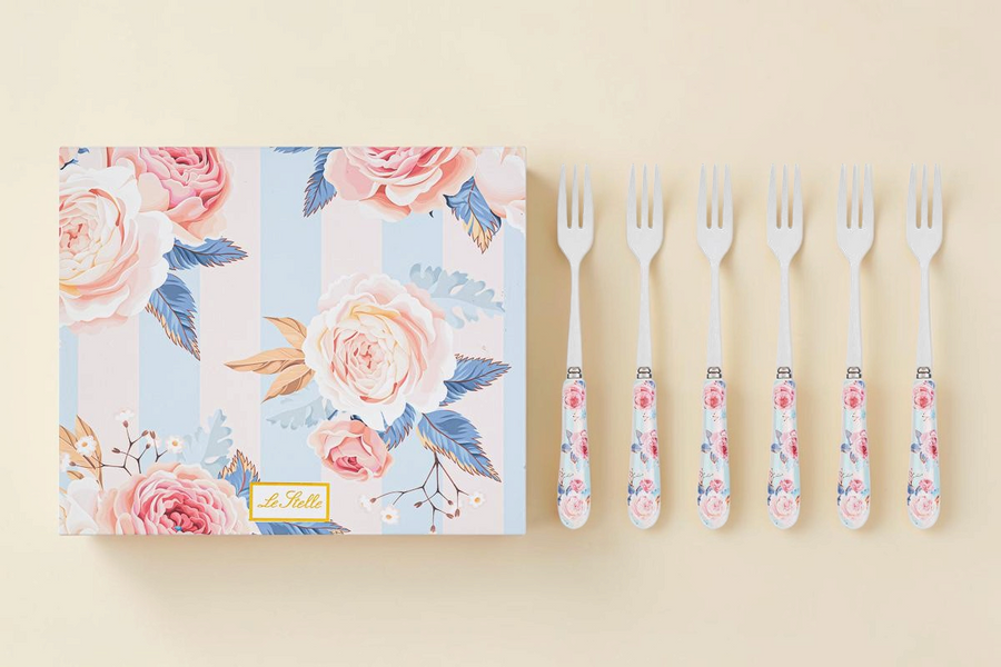 Set di 6 forchettine La Festa Perfetta da 15cm con manici decorati a fiori e astuccio coordinato a righe