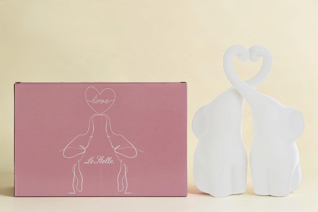 Set di 2 elefanti in porcellana bianca La Festa Perfetta con proboscidi a forma di cuore e scatola regalo rosa
