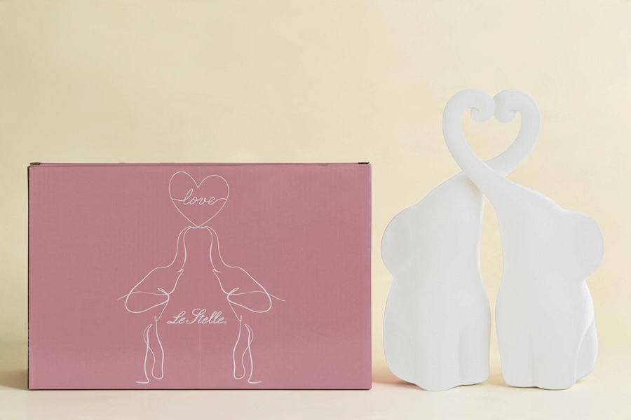 Set di 2 elefanti in porcellana bianca La Festa Perfetta con proboscidi a forma di cuore e scatola regalo rosa