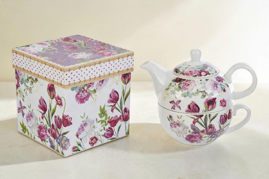 Set teiera e tazza La Festa Perfetta in porcellana con decoro floreale bouquet e scatola regalo coordinata