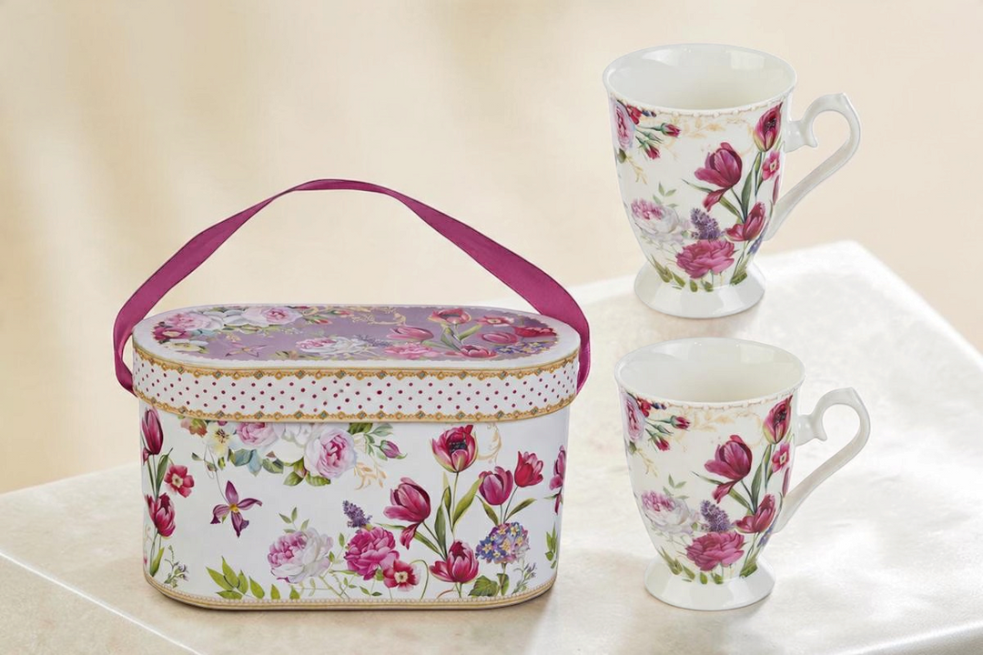 Set di 2 tazze in porcellana La Festa Perfetta con decoro floreale bouquet e scatola regalo coordinata