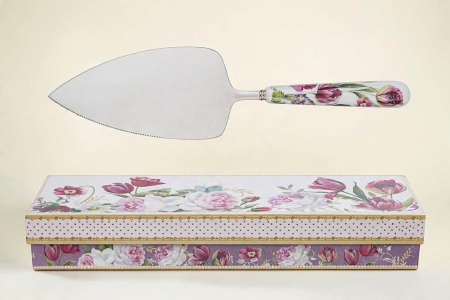 Pala torta La Festa Perfetta con manico in porcellana decorato a fiori e scatola regalo coordinata