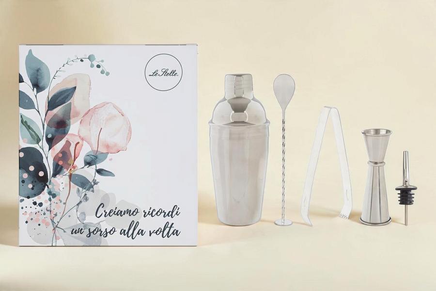 Set cocktail 5 pezzi La Festa Perfetta in acciaio inox con shaker, cucchiaio, pinze, misurino e versatore in astuccio
