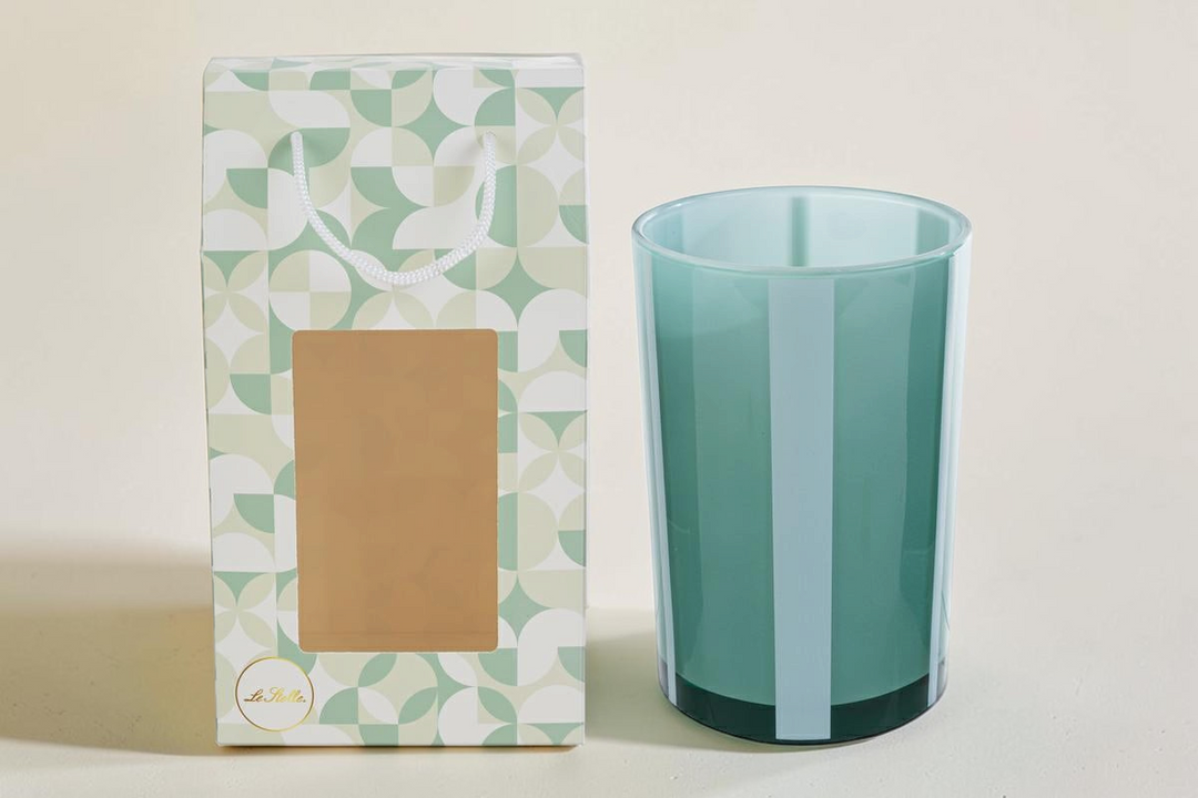 Vaso in vetro verde La Festa Perfetta con shopper coordinata, design moderno 12x18 cm