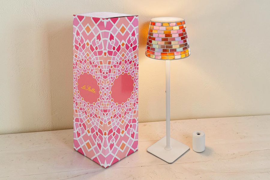 Lampada da tavolo La Festa Perfetta Glam Touch LED con paralume a mosaico multicolore e base bianca