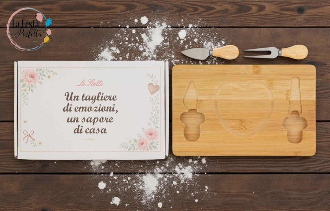SET 3 PZ TAGLIERE LEGNO POSATE FORMAGGIO FIRMATO LE STELLE 28x18x2CM
