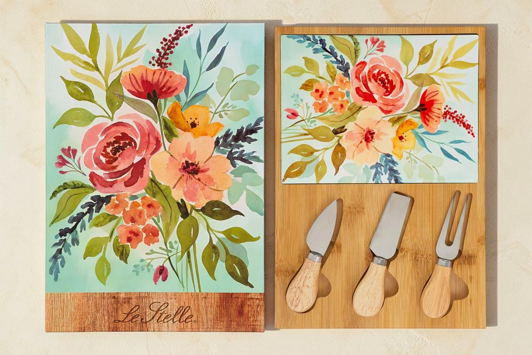 Set La Festa Perfetta di 4 pezzi con tagliere in legno e posate per formaggi decorato con fiori colorati