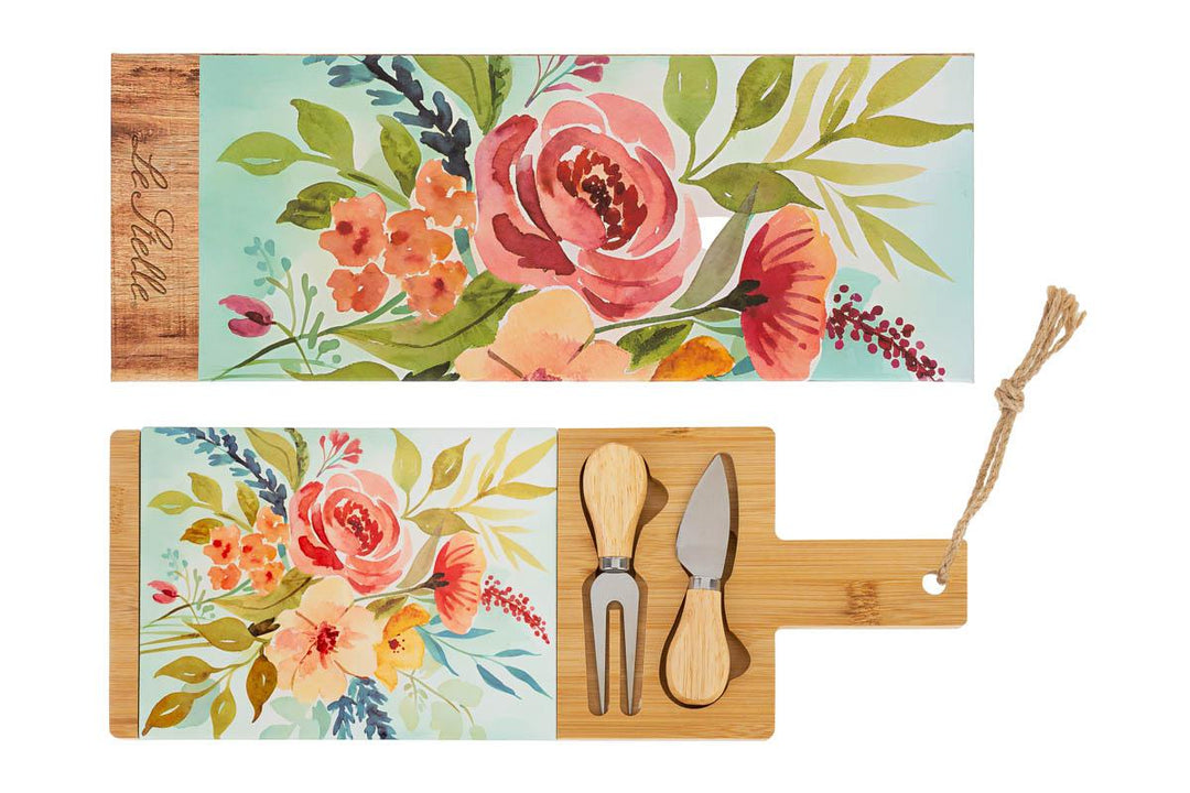 SET 3 PZ TAGLIERE LEGNO POSATE FORMAGGIO 15x41CM C/COLOR/BOX