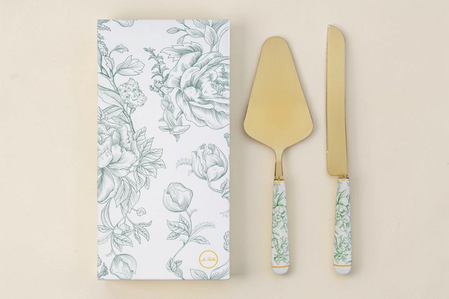 Set La Festa Perfetta di 2 pezzi per torta con lame dorate e manici in porcellana decorati con motivi floreali verdi