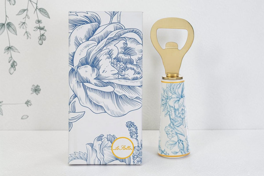 Apribottiglie La Festa Perfetta da 12 cm con manico in ceramica decorato a fiori blu e astuccio coordinato