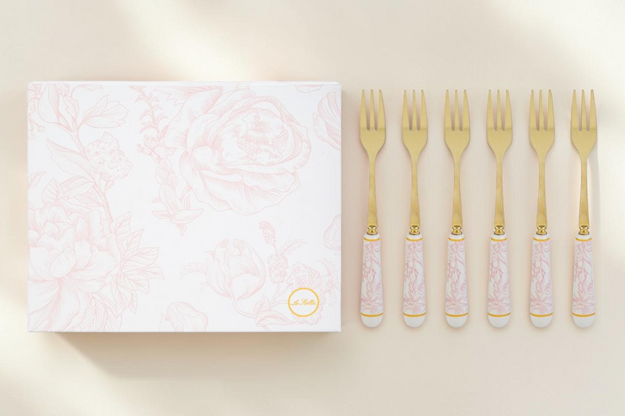 Set di 6 forchettine La Festa Perfetta da 15 cm con manici decorati a rose rosa e finiture color oro in astuccio