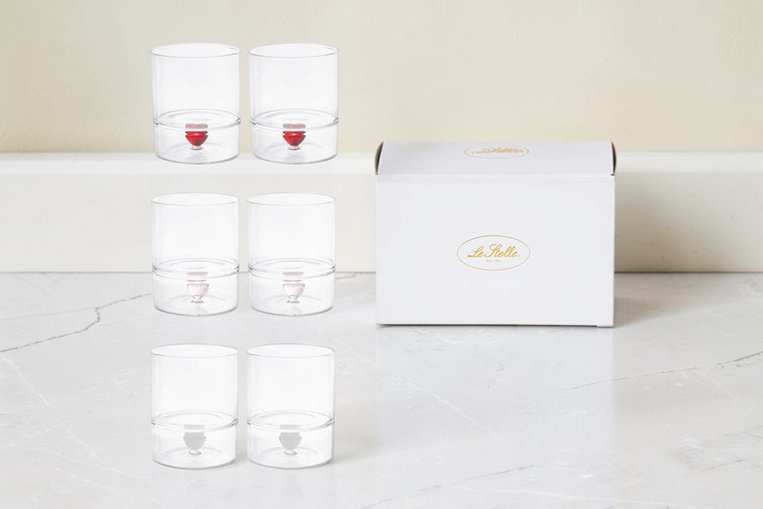 Set di 6 bicchieri in vetro trasparente La Festa Perfetta con decorazione a cuore colorato e astuccio regalo incluso