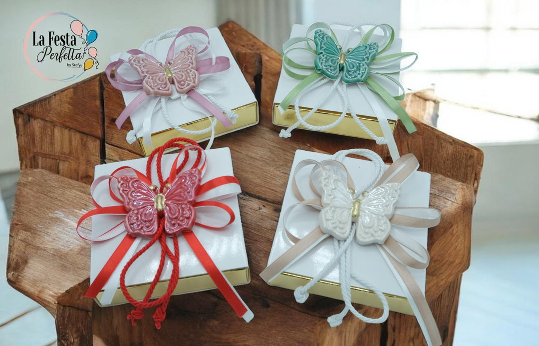 Scatola degustazione quadrata 12x12 con farfalla in Capodimonte