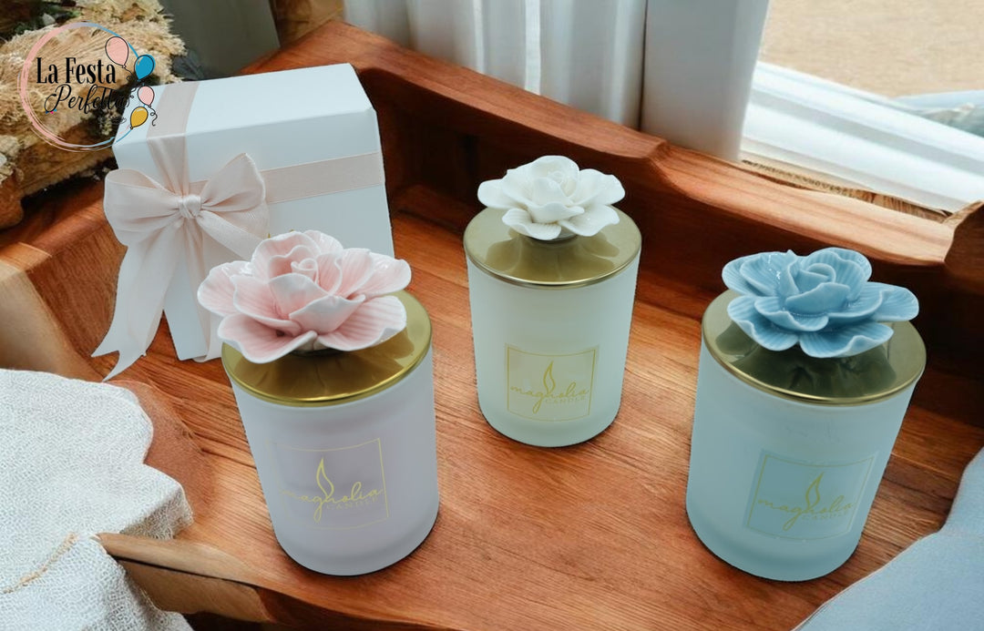 Bomboniera Candela con rosa in ceramica linea Magnolia