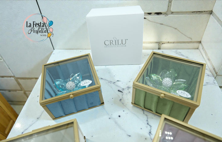 Bomboniera cofanetto in velluto e rosa in cristallo