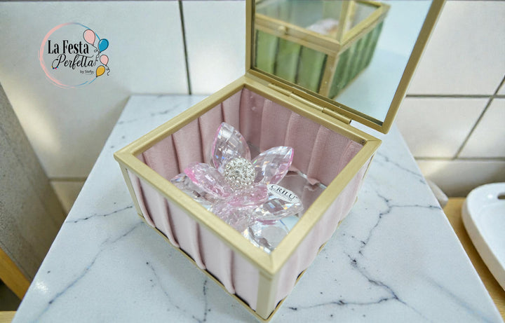 Bomboniera cofanetto in velluto e rosa in cristallo